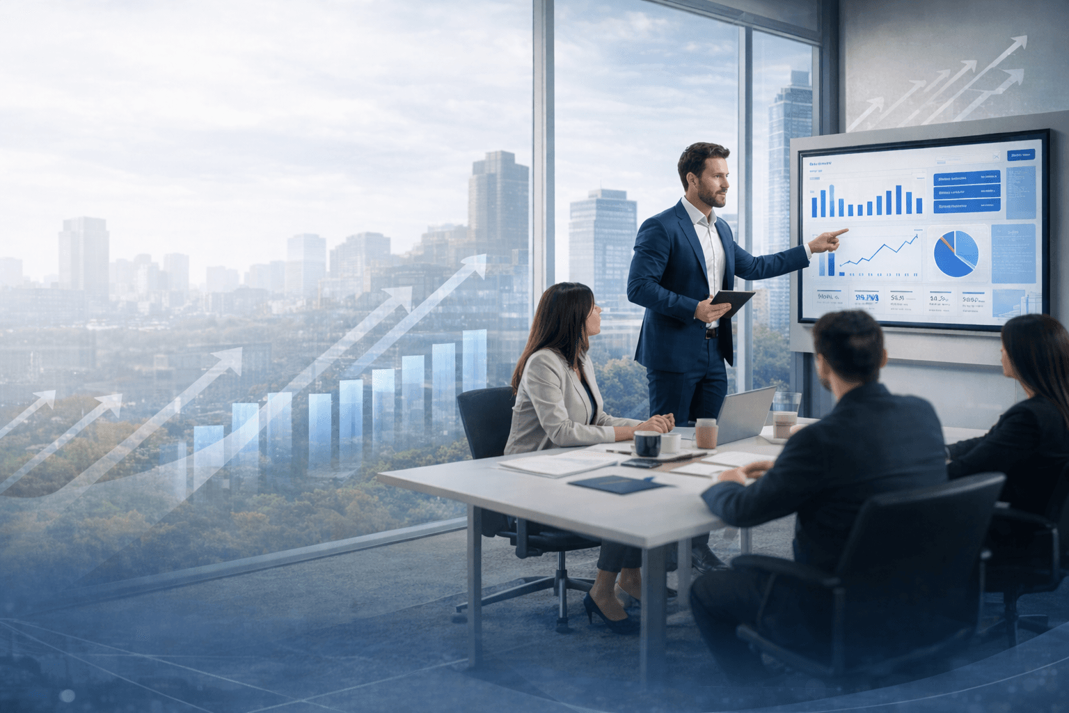 Consulting team reviewing business growth dashboards